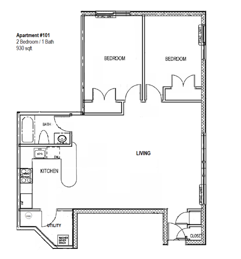 Floor plan for 2 beds, 1 bath, 930 sqft